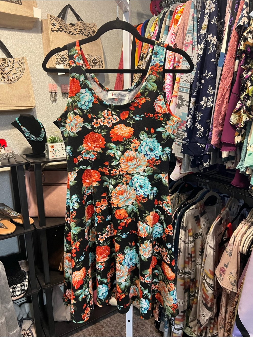Tomswear Floral Fit & Flare Dress in Black with Coral & Teal Blooms